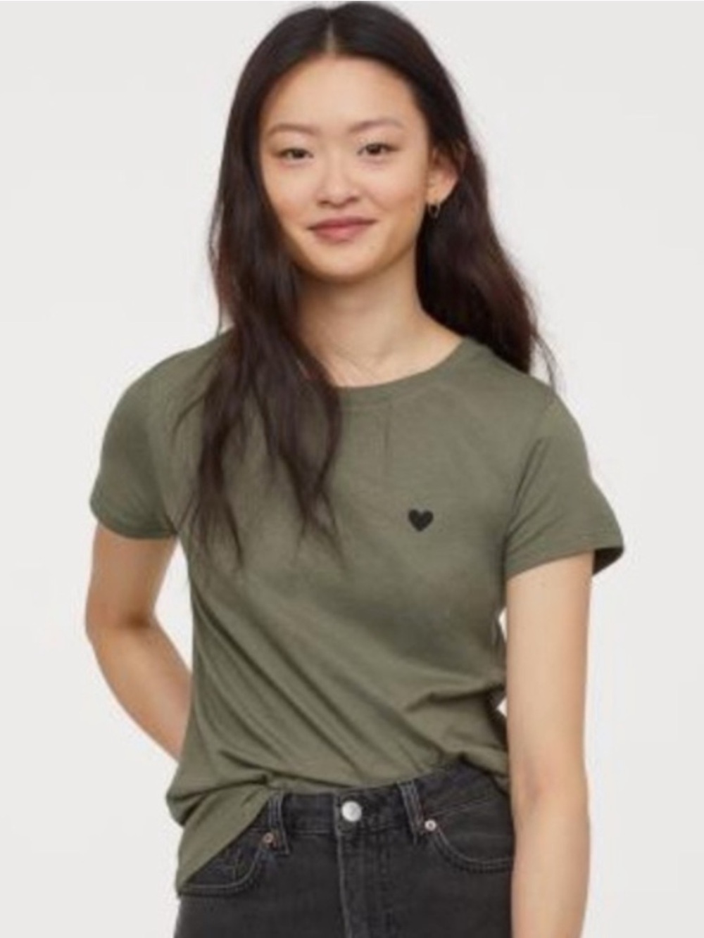 Embroidered Heart Crewneck Short Sleeve T-Shirt | H&M, S, Olive Green